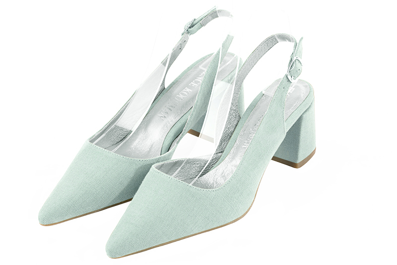 Aquamarine blue women's slingback shoes. Pointed toe. Medium flare heels. Front view - Florence KOOIJMAN
